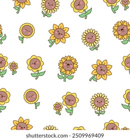 Kawaii lindo girasol. Patrón sin fisuras. Personajes de flores de dibujos animados con sonrisa feliz. Estilo dibujado a mano. Dibujo de Vector. Diseña adornos.