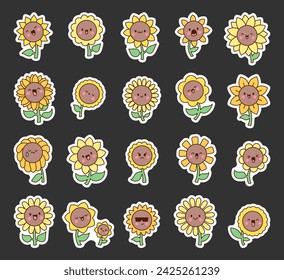 Kawaii cute sunflower. Sticker Bookmark. Cartoon flower characters with happy smile. Hand drawn style. Vector drawing. Collection of design elements.