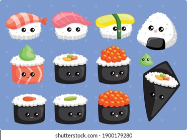 Kawaii cute sushi set vector