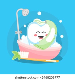 Kawaii cute tooth cartoon character washing in bathroom and brushing itself with toothpaste, dental treatment concept for poster design