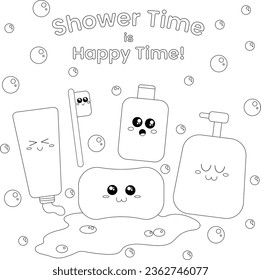 Kawaii, cute toothbrush, toothpaste, soap, shampoo, and hand soap. Shower time toiletries theme coloring page, vector illustration.