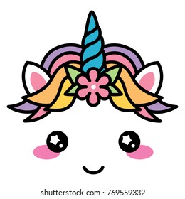 Kawaii cute unicorn face rainbow pastel color and flower