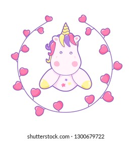 Kawaii cute unicorn head face and frame of hearts pastel color