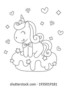Kawaii cute unicorn on top of donut for coloring book, doodle animal