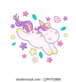 Kawaii cute unicorn sflies and different magic elementsdreams pastel color, heart shaped