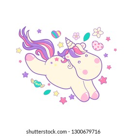 Kawaii cute unicorn sflies and different magic elementsdreams pastel color, heart shaped