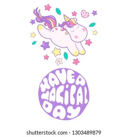 Kawaii cute unicorn sflies and different magic elementsdreams pastel color and lettering Havea Magical Day, heart shaped