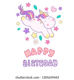 Kawaii cute unicorn sflies and different magic elementsdreams pastel color and lettering Happy Birthday, heart shaped