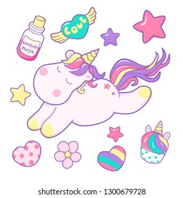 Kawaii cute unicorn sleeping sweetly pastel color and different magic elements