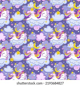 Kawaii Cute Unicorn Sleeps On The Clouds. Vector Sweet Dreams Seamless Pattern