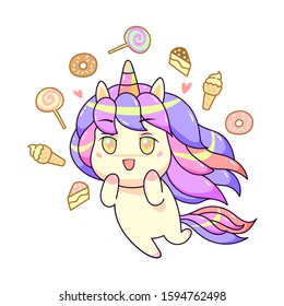 Kawaii cute unicorn and sweet dessert pastel color, happy cartoon vector