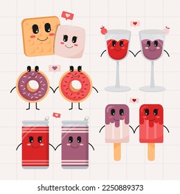 Kawaii cute valentine food and drink character collections flat illustration simple cute and elegant vector design