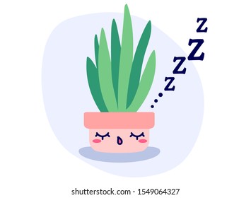 Kawaii cute vector potted sleeping plant in flat style. Can be used for greeting cards or posters or interior design elements, stickers, hygge illustrations or insomnia leaflets etc.