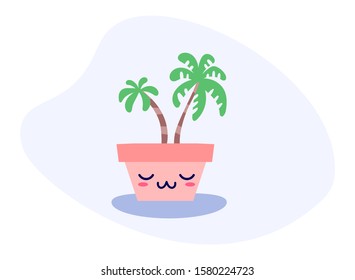 Kawaii cute vector potted sleeping plant in flat style and coral colors. Can be used for greeting cards or posters or interior design elements, stickers, hygge illustrations or insomnia leaflets etc.