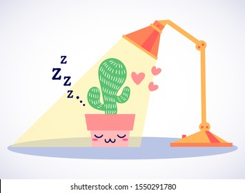 Kawaii cute vector potted snoring plant sleeping under the lamp light with ZZZZ text, flat style. Can be used for greeting cards or posters or stickers, hygge illustrations etc.