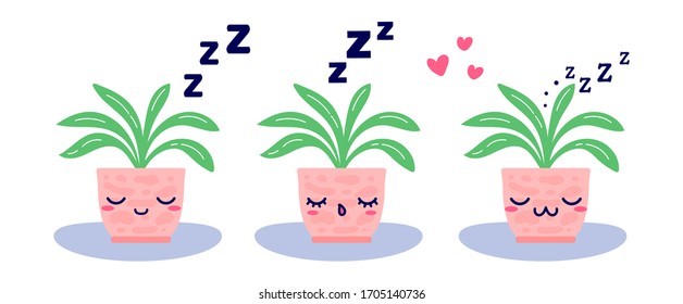 Kawaii cute vector set of potted sleeping plants with ZZZ text in flat style. Can be used for greeting cards or posters or design elements, stickers, hygge illustrations or insomnia leaflets etc.