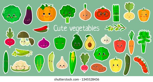 Kawaii cute vegetables and herbs, the faces of the characters of the mega-set of twenty-seven stickers in a white stroke. For your design of cards, scrapbooking, crafting. Cartoon, flat design, vector