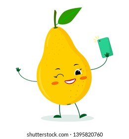 Kawaii cute yellow pear fruit cartoon character with a smartphone and does selfie. Logo, template, design. Vector illustration, a flat style.