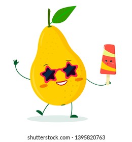 Kawaii cute yellow pear fruit character in sunglasses star in the hands of a colorful ice cream. Logo, template, design. Vector illustration, flat style.
