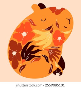 Kawaii cutie capybara with flowers on her body.