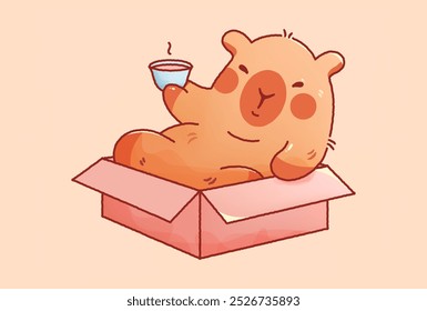 Kawaii cutie capybara sitting in box with cup of tea.