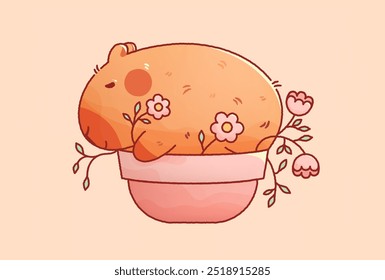 Kawaii cutie capybara sleeping in a flower bed.