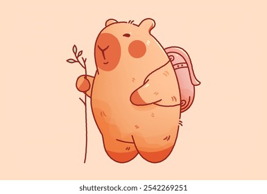 Kawaii cutie capybara traveler with stick and backpack.