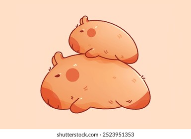 Kawaii cutie mother capybara with her baby sleeping on the back.