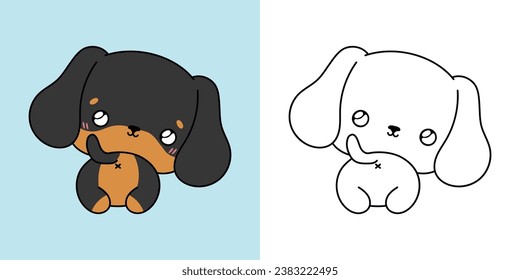 Kawaii Dachshund Puppy for Coloring Page and Illustration. Adorable Clip Art Dog. Cute Vector Illustration of a Kawaii Animal for Stickers, Prints for Clothes, Baby Shower. 