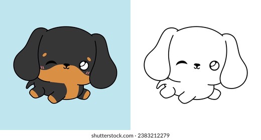 Kawaii Dachshund Puppy Multicolored and Black and White. Beautiful Isolated Dog. Funny Vector Illustration of a Kawaii Animal for Prints for Clothes, Stickers, Baby Shower. 