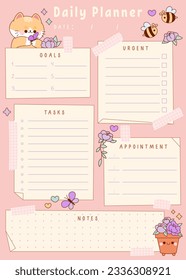 Kawaii daily planner with ginger cat and flowers. Cute to do list, memo pad, schedule, stickers template.