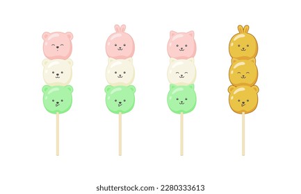 Kawaii Dango en forma de animales lindos, aislados en un fondo blanco. Personajes tradicionales de postre japonés en un palo. Conjunto de vectores para Hanami, cubierta, envoltura, embalaje, señalización, emblema o impresión