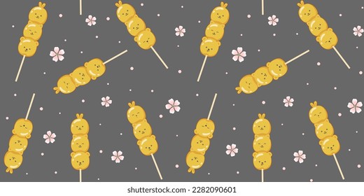 Kawaii Dango in the form of cute animals on a gray background with sakura flowers. Endless texture with Japanese dessert characters on a stick. Vector seamless pattern for surface texture and giftwrap