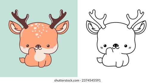 Kawaii Deer Clipart Multicolored and Black and White. Cute Kawaii Animal. Isolated Vector Illustration of a Kawaii Forest Animal for Prints for Clothes, Stickers, Baby Shower. 