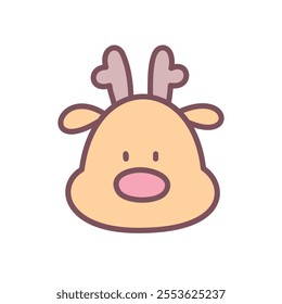 Kawaii deer icon. Hand drawn illustration of a funny deer head isolated on a white background. Cute Christmas sticker. Vector 10 EPS.