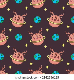 Kawaii deer planet with stars and earth on dark soft background seamless pattern. Modern vintage, pop art style seamless pattern concept.