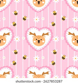 Kawaii deer seamless pattern in a forest background, featuring woodland animals. Vector design, ideal for winter or woodland nursery items and textiles