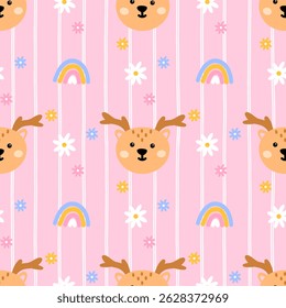 Kawaii deer seamless pattern in a forest background, featuring woodland animals. Vector design, ideal for winter or woodland nursery items and textiles