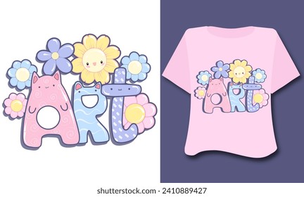 arte de diseño kawaii niños dibujo animado de camiseta gráfica personaje animal gatos endulzados con amor tee de arcoiris inspiración cita flor infantil sobre fondo blanco eslogan flor gráfica 