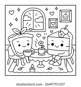 Kawaii Dessert Friends Having Tea – Cozy Coloring Page for Kids and Adults