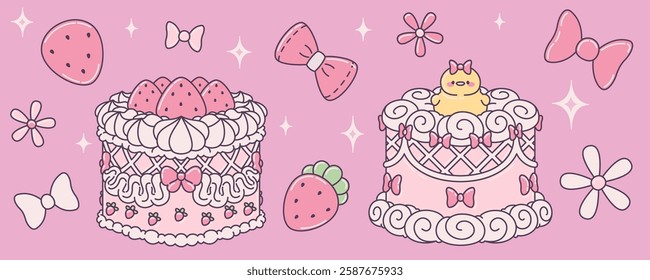 Kawaii dessert illustration with decorated cakes, floating bows, strawberries, flowers on pink background. Sweet pastry design with lattice patterns, cream swirls, yellow duckling topper, sparkles.