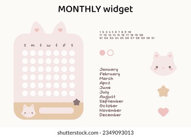 Kawaii digital monthly widget. Kawaii widget with cute kitten. Digital planner or journal monthly widget. Vector art.