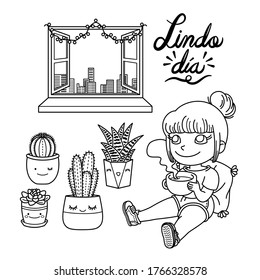Kawaii digital stamps or coloring page for kids children of a girl with a hot beverage drink under the window, city view skyline, with cactus cacti plants in pots, happy place nice day cute aesthetic