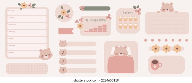 Kawaii digital stickers with a cute bear. Digital note papers and stickers for bullet journaling or planning. Vector art.