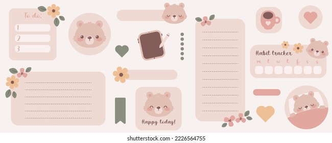 Etiquetas digitales kawaii con oso lindo. Papeles de notas digitales y stickers para el periodismo o la planificación de balas. Arte vectorial.