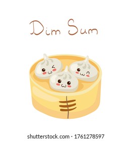 Kawaii Dim Sum verschiedene Vektorgrafiken einzeln auf weißem Hintergrund. Funny lächelnd und glücklich gefüllte asiatische Knödel. Cute yummy food mascot Illustration. Kindermenü Konzept für Speisesaal, Postkarte.
