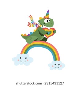 Kawaii Dino cartoon in unicorn vector on rainbow cute animal, Nursery decoration, hand drawn isolated on a white background. Fairytale pony horse dino - Perfect for kid's greeting card.