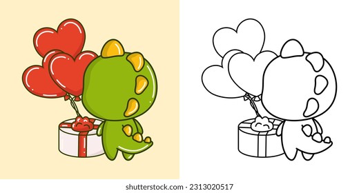 Kawaii Dinosaur Clipart Multicolored and Black and White. Cute Kawaii Dino. Vector Illustration of a Kawaii Animal for Stickers, Prints for Clothes, Baby Shower, Coloring Pages.
