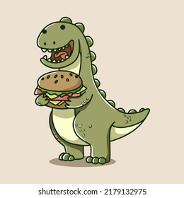 Dinosaurio Kawaii sostiene una gran hamburguesa para quien ama los dinosaurios y las hamburguesas. 