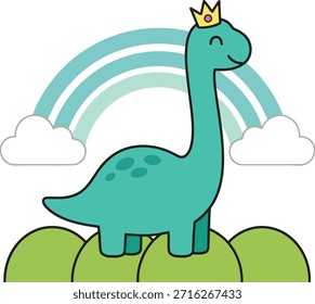 Vector de dinosaurio Kawaii con un lindo brachiosaurus de cuello largo con una corona bajo un arco iris. Ideal para arte infantil, invitaciones de cumpleaños y pegatinas para niños.
